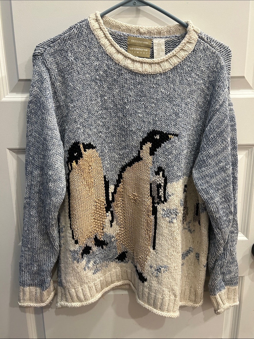 Liz Claiborne Vintage Hand Knit Blue and Cream Knit Sweater Penguin winter